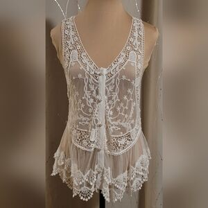 Venus Ivory Sheer Lace Boho Racerback Tunic Layering Top S